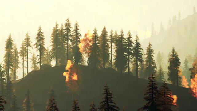 A forest fire spreads among trees in a hilly area. Thick smoke rises as the flames engulf some trees. The light of the evening enhances the scene of devastation.
