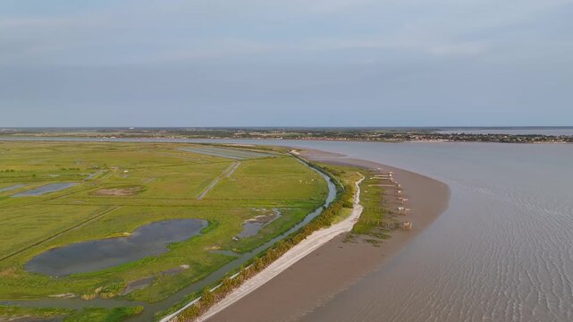 Fishing huts over Marshes and Randonnee entre Histoire et Nature from a drone, Fouras, Fouras-les-Bains, Charente-Maritime, Nouvelle-Aquitaine, France
