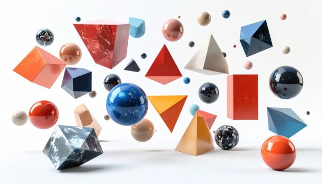 floating geometric objects, isolated on white for commercial stock photography