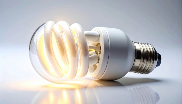 energy saving light bulb three quarter view on white background, subtle soft lighting