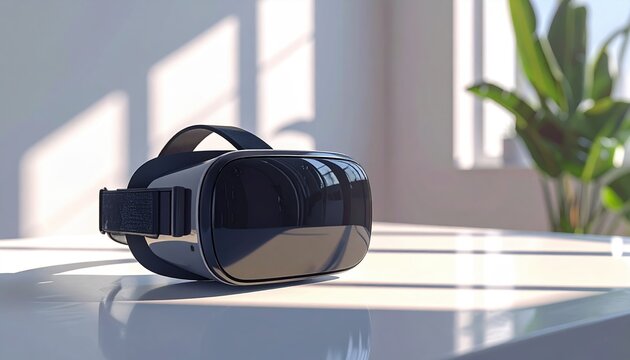 Virtual reality headset on clean desk, soft daylight, immersive technology concept