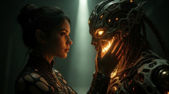 Close-up of a human and alien face-to-face