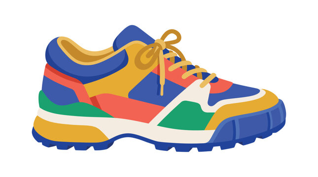 A colorful flat illustration of a modern athletic sneaker with laces isolated on white background with design laces presented sneaker multi colored