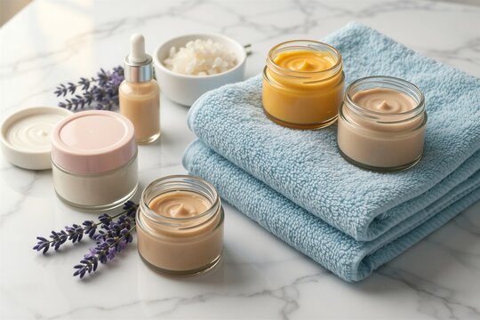Self-care ritual featuring creams, lavender, and towels for promoting mental health and therapy.
