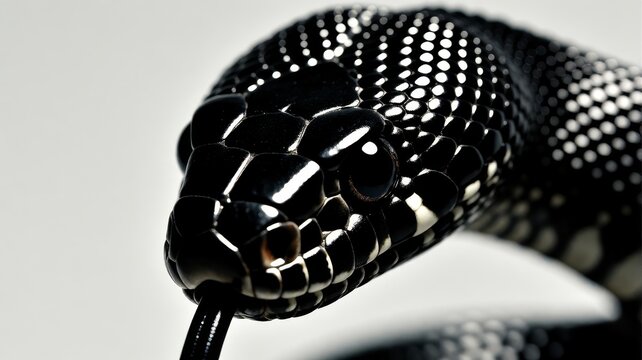 Close-up portrait of a glossy black snake with patterned scales