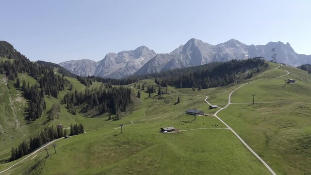 Drone flight over the Loferer Alm, Lofer, Pinzgau, Land Salzburg, Austria