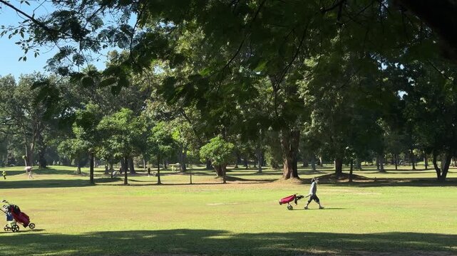 Golfer walking with trolley across fairway on Chiang Mai Gymkhana Club