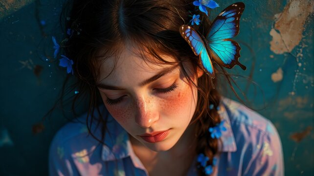 Close-up portrait of serene young woman with blue butterflies and floral braids