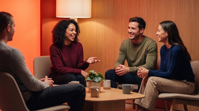 Coworkers chatting comfortably in an office lounge, illustrating workplace connection, team communication, and positive company culture