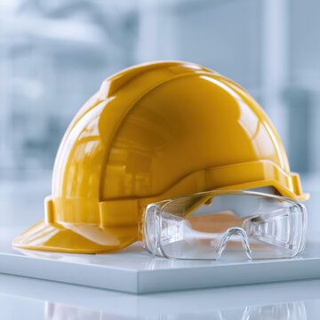 Yellow safety helmet and protective eyewear placed on a clean white surface in a bright modern industrial or construction environment highlighting workplace saf