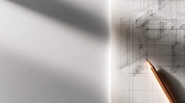 Architectural blueprint with pencil preparing detailed technical drawing showcasing complex geometric design and creative structural planning concepts