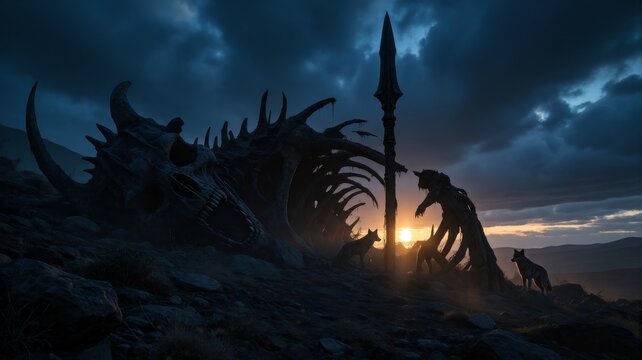 Colossal Monster Skeletal Remains and Wolves at Sunset
