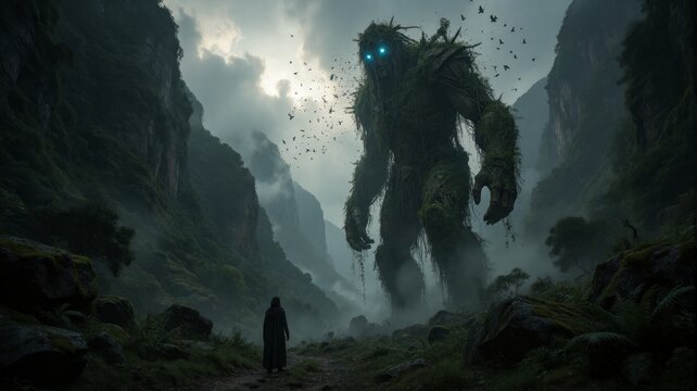 Colossal Ancient Tree Giant Confronted by a Lone Traveler in a Misty Valley