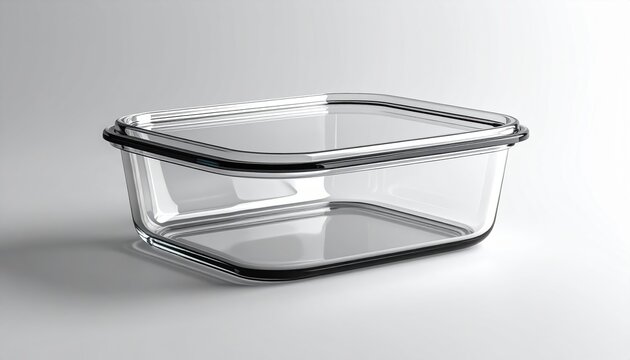 glass food container three quarter view on white background, subtle soft lighting
