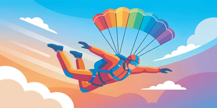 Skydiver with colorful parachute soaring through clouds and sky.