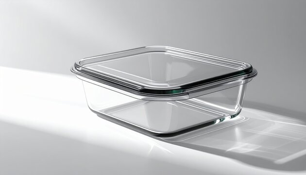 glass food container three quarter view on white background, subtle soft lighting