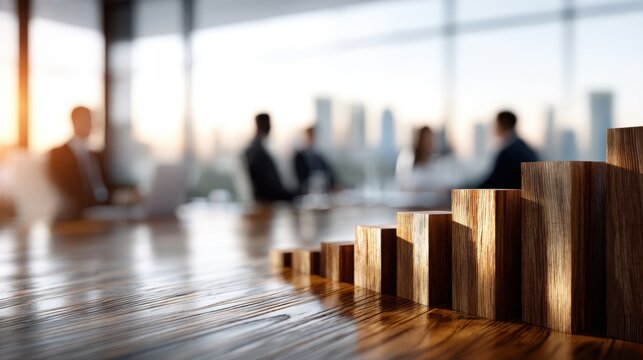 Wooden bar graph rising on office table symbolizing business growth with blurred team meeting and city skyline in background during sunrise hours