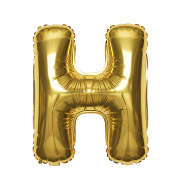 Shiny gold aluminum foil balloon shaped like the letter 'H', inflated and reflecting light, perfect for celebrations and events, isolated on transparent background.
