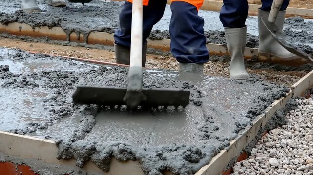 Construction workers leveling fresh wet concrete on foundation site using manual screed tool