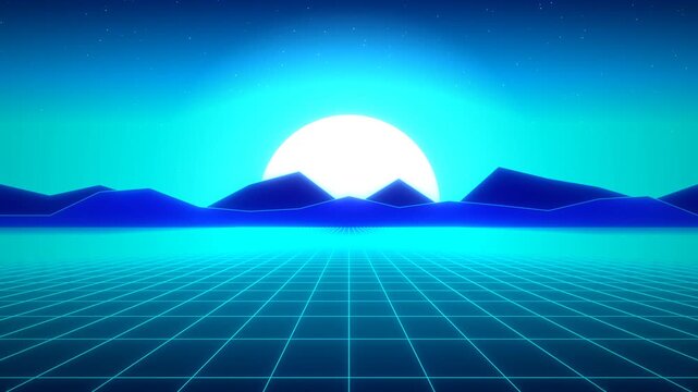 Retro vaporwave horizon with glowing grid and sun at sunset
