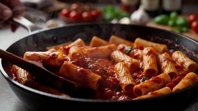 Close-Up of Hand Stirring Rigatoni Pasta with Tomato Sauce in a Pan