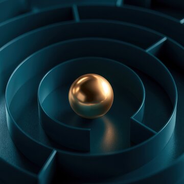 Shiny golden sphere resting in the center of a dark blue circular maze symbolizing focus, strategy, and problem-solving concepts in a minimalistic design
