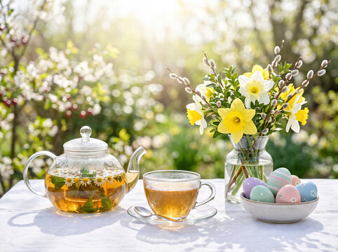 herbal tea in transparent teapot and cup with daffodils pussy willow and painted easter eggs on table in spring garden