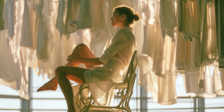 Solitary Figure Seated Among Hanging Fabrics in Soft Light, ai generated.