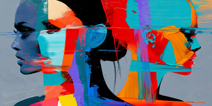 Colorful Abstract Expressionist Female Painting with Dynamic Fluid Shapes, ai generated.