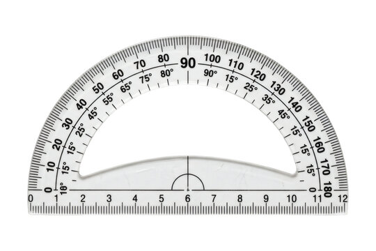 A transparent clear plastic protractor displaying degree angle markings and a millimeter scale, used as a precision instrument for geometry, math, and drafting.