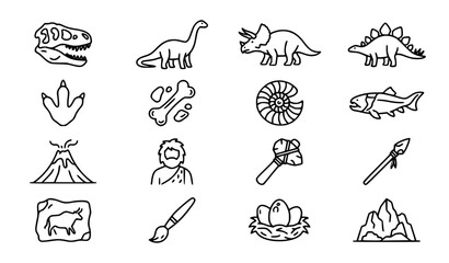 Prehistoric Outline Icons Set Dinosaurs Fossils and Ancient History Vector Collection © Rana