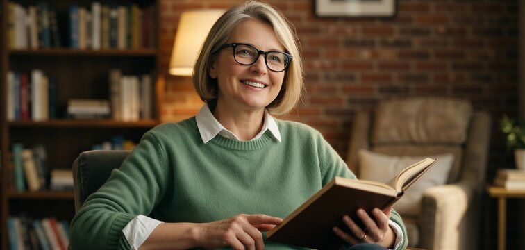 Smiling middle-aged woman reading a book in a cozy living room, embodying active and healthy aging.