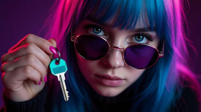 Cyan Hair Girl Holding Key with Neon Pink and Blue Lighting