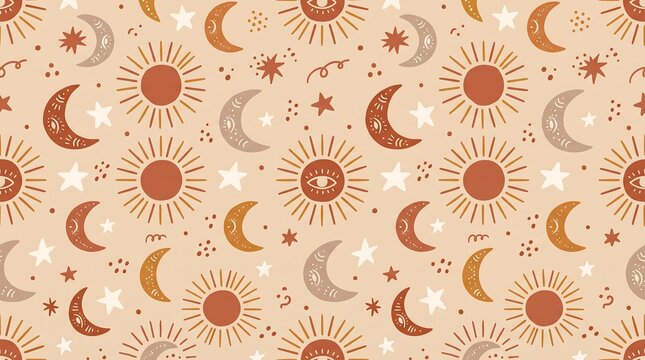 Boho celestial seamless pattern with sun moon and stars on beige background