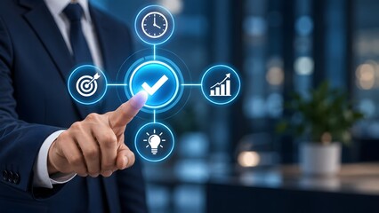 Obraz premium Hand touching holographic dashboard interface with checkmark target idea and growth icons representing futuristic business strategy and project management