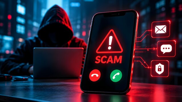 Glowing red scam alert warning on smartphone screen with hooded hacker silhouette highlighting cybersecurity threats and digital fraud prevention