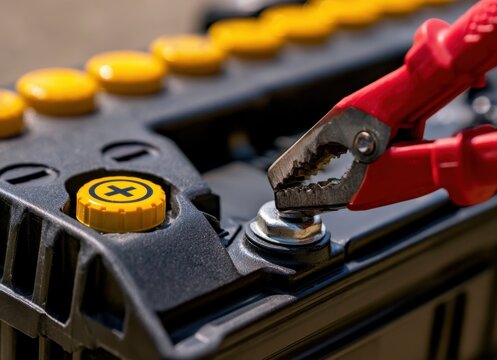Red jumper clamp attached to the positive terminal of a car battery for jump-starting or charging in close-up detail with sharp focus on battery components