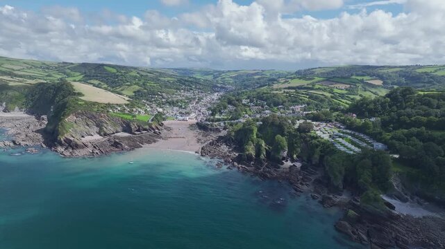 Combe Martin Beaches and Bay from a drone, Ilfracombe, Devon, England, United Kingdom