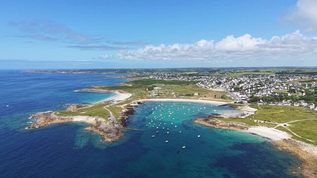 Aerial view of the sandy beaches Plage de Porspaul, center, Plage Porsguen left and Plage de Porsman right, Commune Lampaul-Plouarzel on the Breton coast, Finist&egrave;re department, Brittany, France