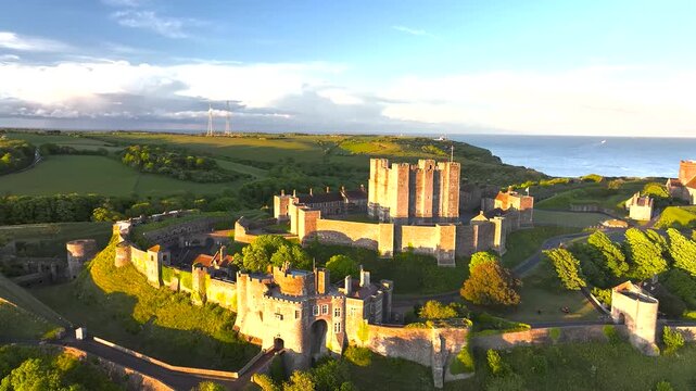 Dover Castle from a drone, White Cliffs, Dover, Kent, England, United Kingdom