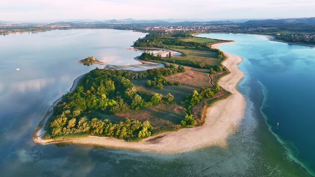 Aerial view of the Mettnau peninsula near Radolfzell on Lake Constance at historic lows, low tide at water level 286 cm, on the horizon the town of Radolfzell and the Hegauberge Mountains, Konstanz d