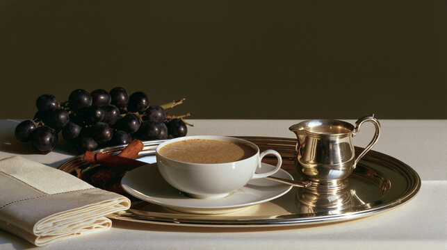 Classic Coffee Service with Dark Grapes on Silver Tray, Wide Banner for Coffee Shop Menu and Seasonal Beverage Advertising with Copy Space