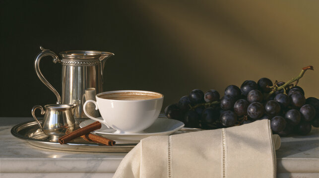 Elegant Coffee Set with Grapes, Silver Pot and White Linen, Wide Banner for Coffee Shop Menu and Seasonal Beverage Advertising with Copy Space