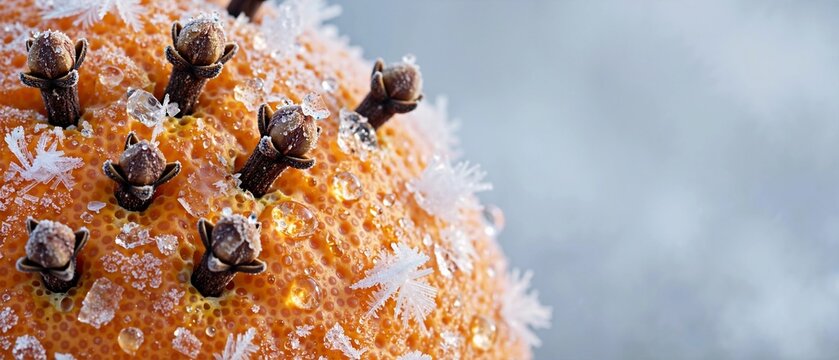 Macro photograph of a frozen orange studded with cloves. Traditional Christmas pomander ball covered in ice crystals. Winter holiday background with copy space