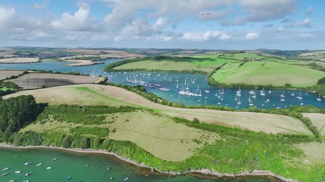 Salcombe and Mill Bay over Kingsbridge Estuary from a drone, Batson Creek, Southpool Creek, Devon, England, United Kingdom