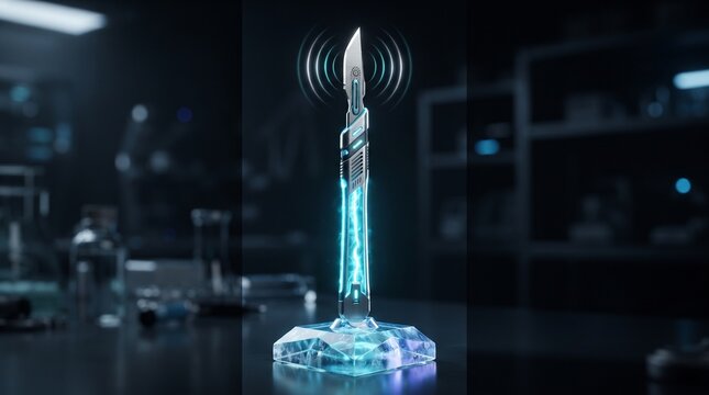 Futuristic ultrasonic surgical scalpel with glowing cyan vibration waves and precision titanium blade, representing advanced minimally invasive medical technology.