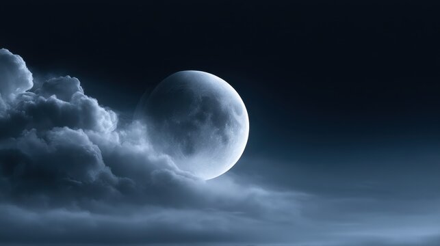 Mystical full moon rising behind dense clouds illuminating the serene night sky with soft glowing light and atmospheric haze
