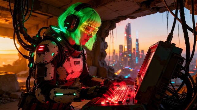 Cyberpunk-style figure with glowing neon features works at a computer in a ruine