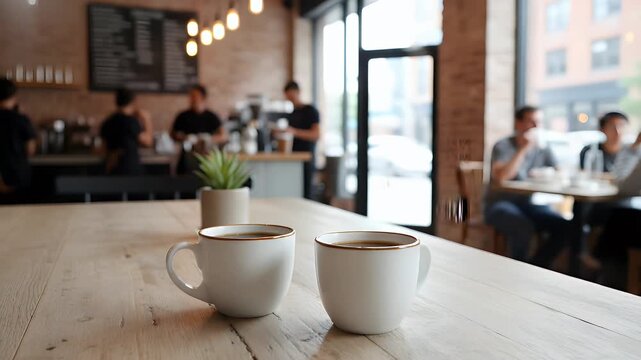 Two white coffee mugs on a rustic wooden table inside a busy modern coffee shop with blurred customers.