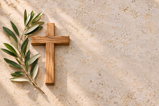 Wooden Christian Cross and Olive Branch on Beige Stone Background with Copy Space